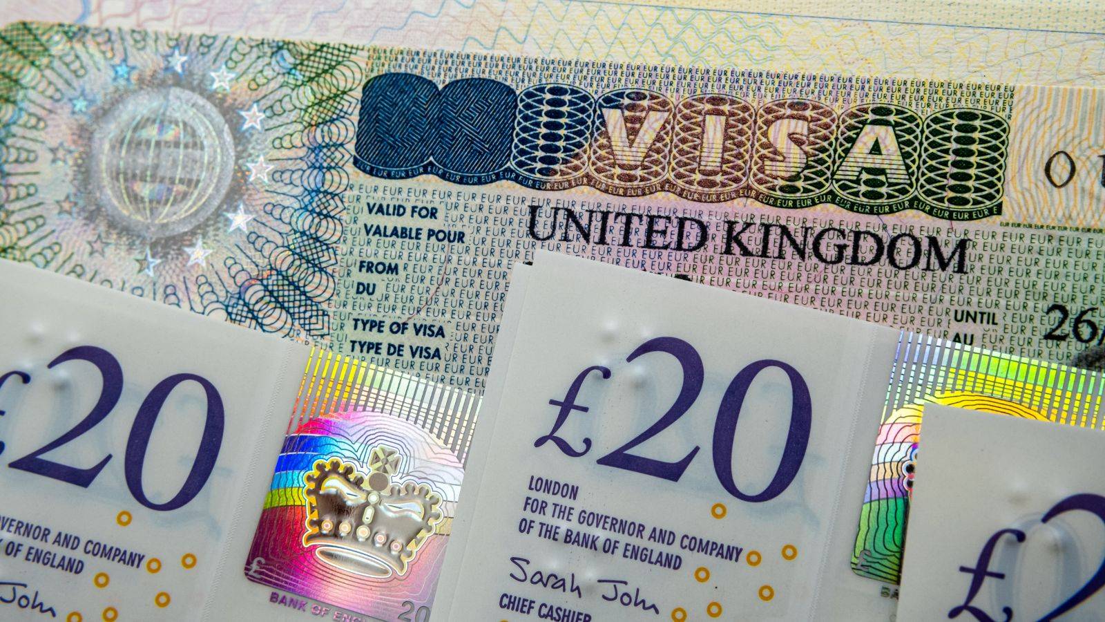 UK visitor visa with British twenty pound notes representing UK resident sponsor financial obligations and backing for sponsoring foreign visitors in 2025