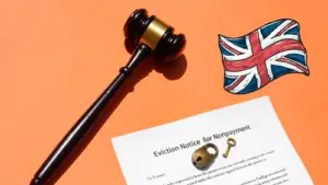Eviction notice document with legal gavel padlock and UK flag representing how to evict a tenant UK 2025 legal process