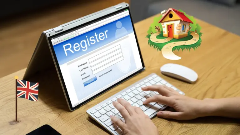 Home 3 Online Registration Form On Laptop With House Model And Uk Flag Representing Prs Database Registration Uk 2026 Landlord Requirements