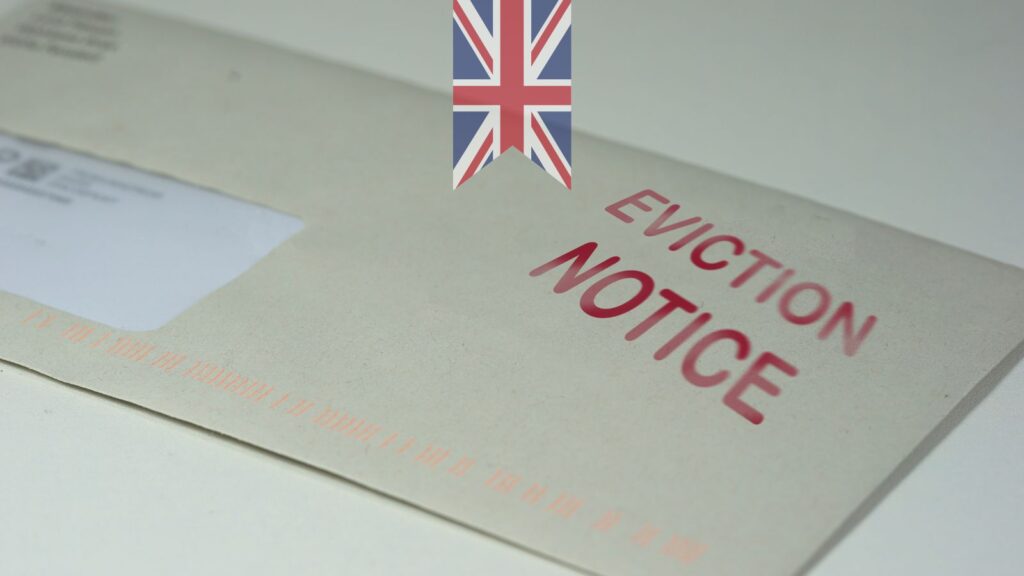 Eviction notice document with UK flag representing rent arrears eviction UK 2025 Ground 8 and 10 legal process