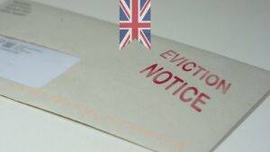 Eviction notice document with UK flag representing rent arrears eviction UK 2025 Ground 8 and 10 legal process