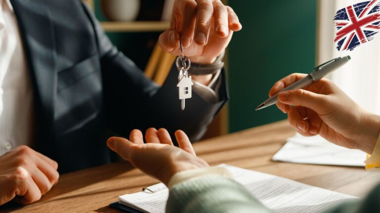 Landlord handing house keys to tenant with contract paperwork and UK flags representing section 8 grounds for possession UK 2025