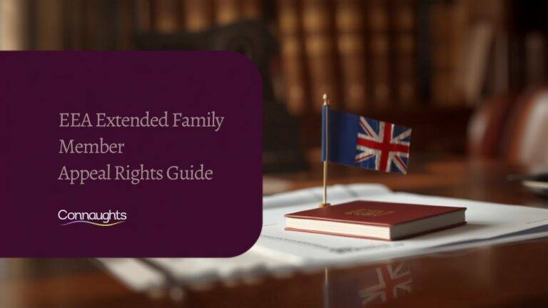 UK flag and passport on tribunal documents representing EEA extended family member appeal rights