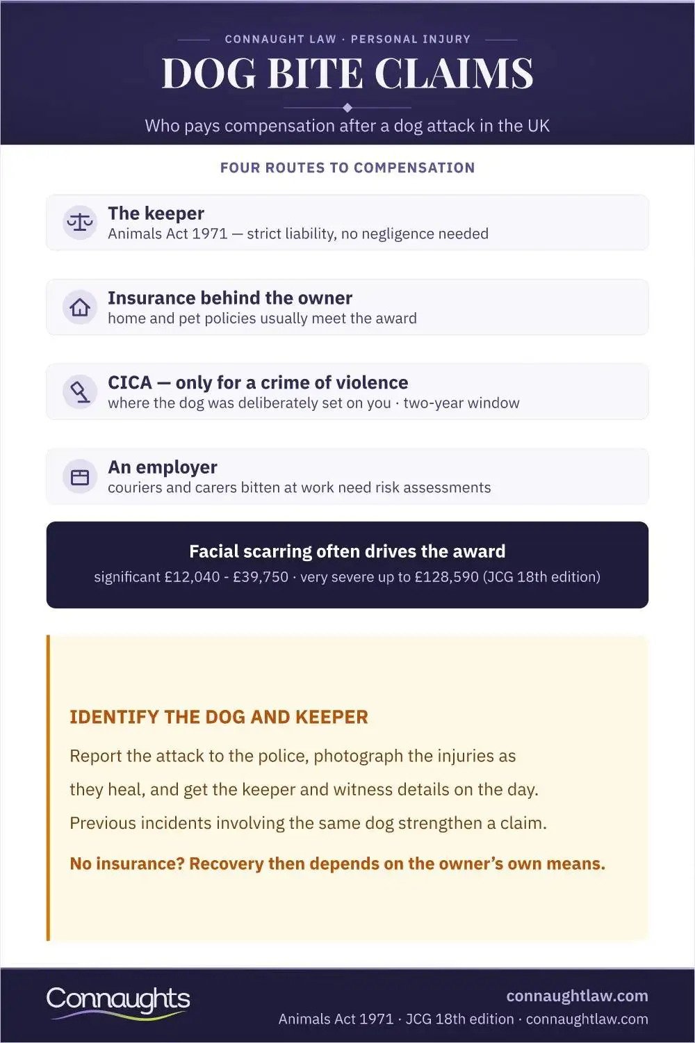 Dog Bite Claims Dog Bite Compensation Uk Infographic — Four Routes To Compensation Including Animals Act 1971 Strict Liability And Cica (Judicial College Guidelines, 18Th Edition)