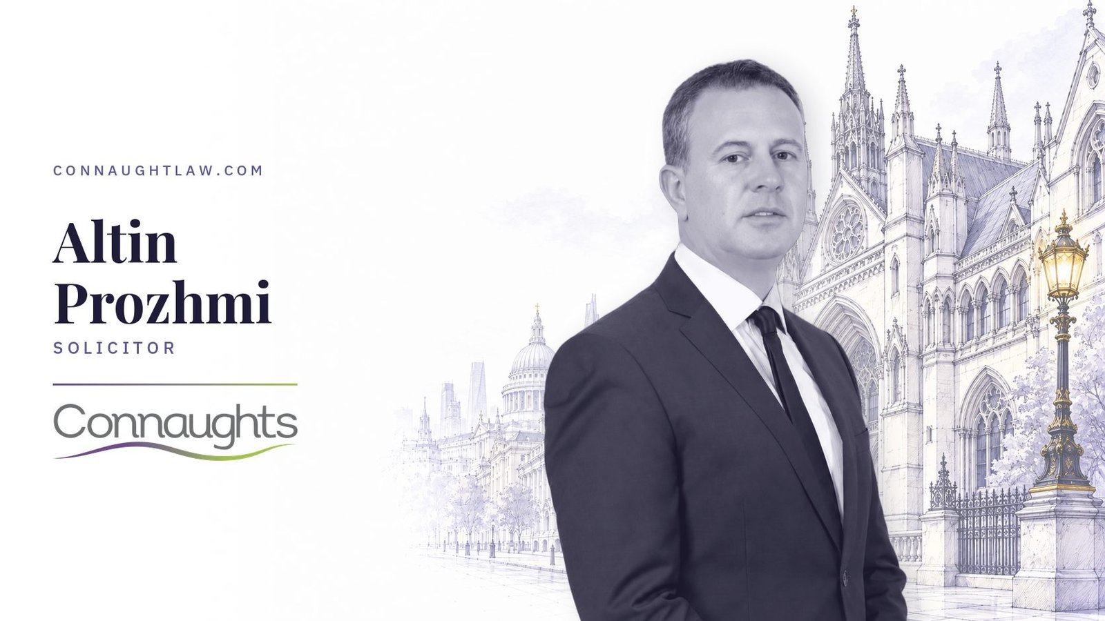 Altin Prozhmi — Connaughts Altin Prozhmi, Connaught Law — London solicitors, Royal Courts of Justice sketch