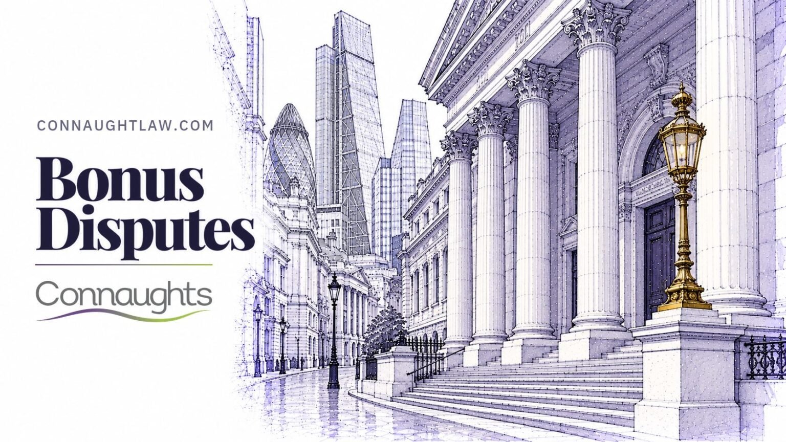 Pen-and-ink sketch of a classic columned City banking hall on Bishopsgate, modern towers behind, London — Bonus Disputes, Connaughts