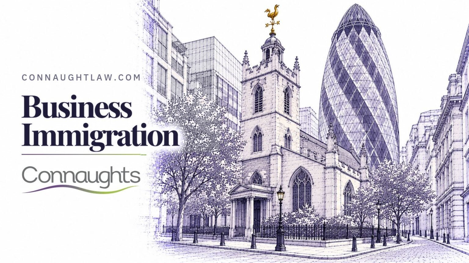 Business Immigration — Connaughts Pen-and-ink sketch of St Helen's Bishopsgate, the small medieval church with the Gherkin tower rising behind it, London — Business Immigration, Connaughts
