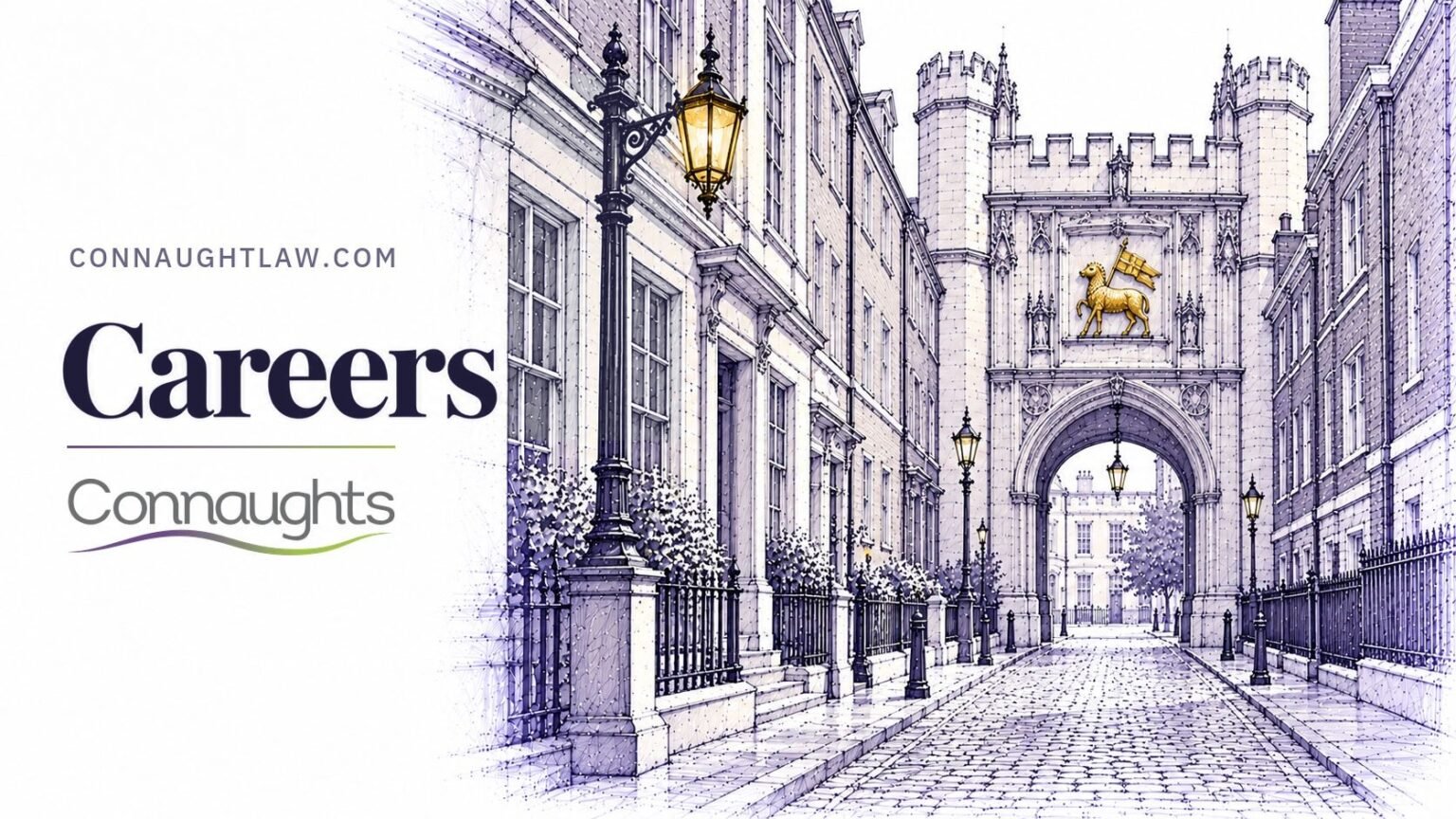 Careers — Connaughts Pen-and-ink sketch of Middle Temple Lane looking towards the gateway, cobbles and old lamps, London — Careers, Connaughts