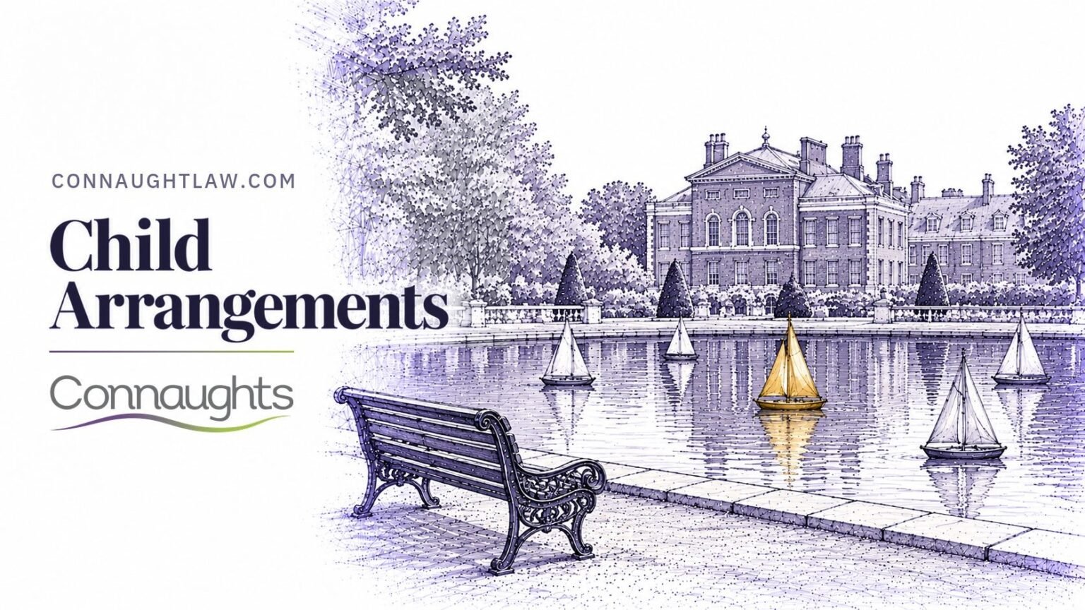 Pen-and-ink sketch of Kensington Gardens with the Round Pond, toy sailing boats and a park bench, Kensington Palace beyond, London — Child Arrangements, Connaughts