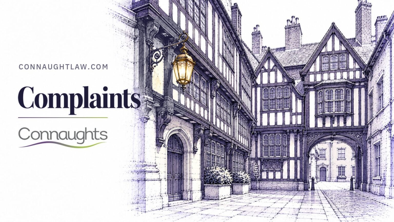 Pen-and-ink sketch of Staple Inn on High Holborn, its timber-framed Tudor front, London — Complaints, Connaughts