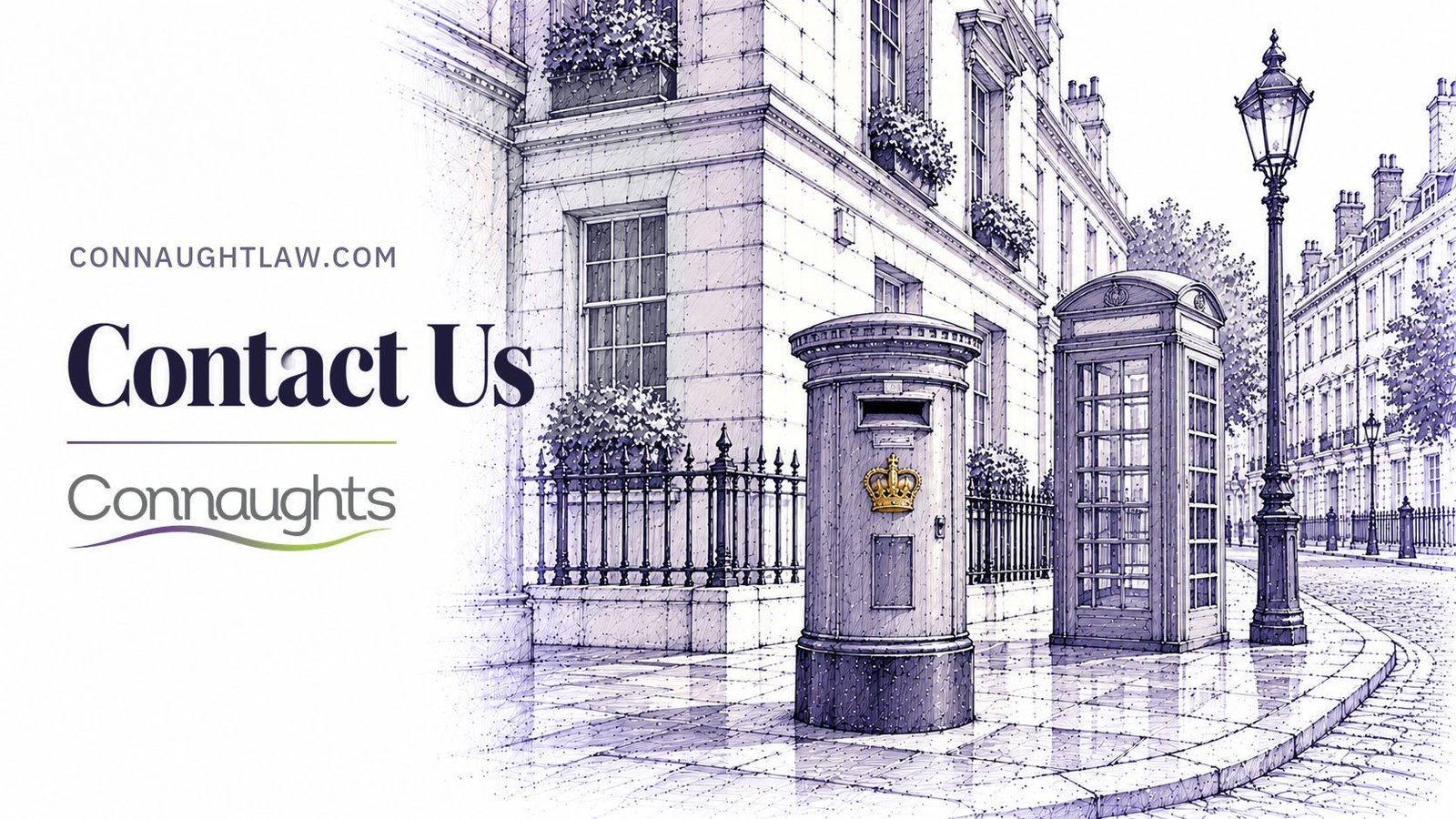 Pen-and-ink sketch of a classic London pillar box and a telephone box on a Georgian street corner, London — Contact Us, Connaughts