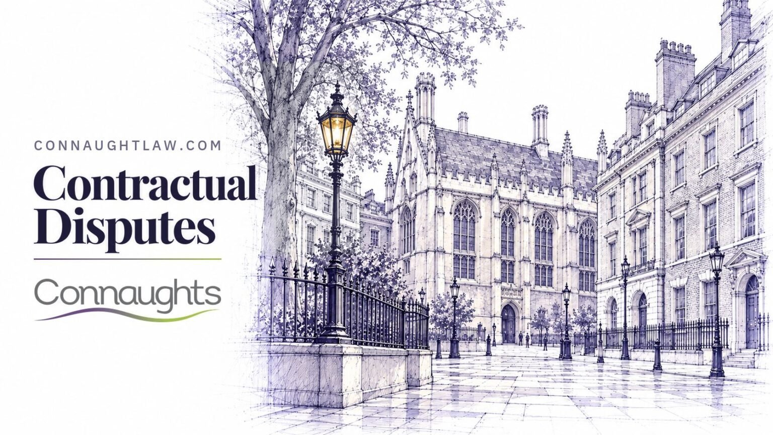 Pen-and-ink sketch of Lincoln's Inn Fields with the Old Hall and New Square, barristers' chambers behind iron railings, London — Contractual Disputes, Connaughts