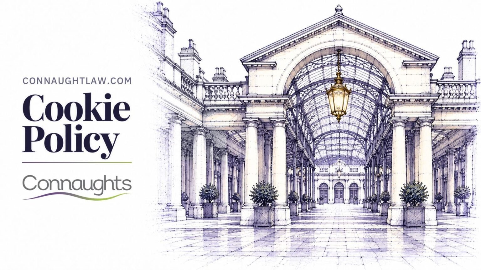 Pen-and-ink sketch of Covent Garden's old market building with its glass roof and classical columns, the piazza empty, London — Cookie Policy, Connaughts