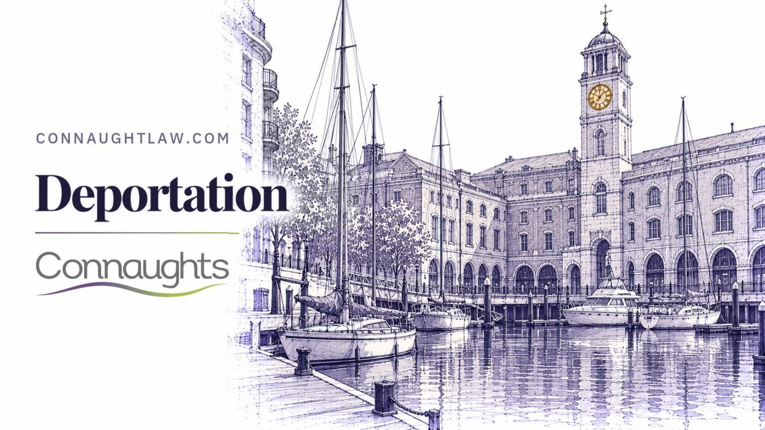 Deportation — Connaughts Pen-and-ink sketch of St Katharine Docks with moored boats and the Ivory House clock tower, London — Deportation, Connaughts