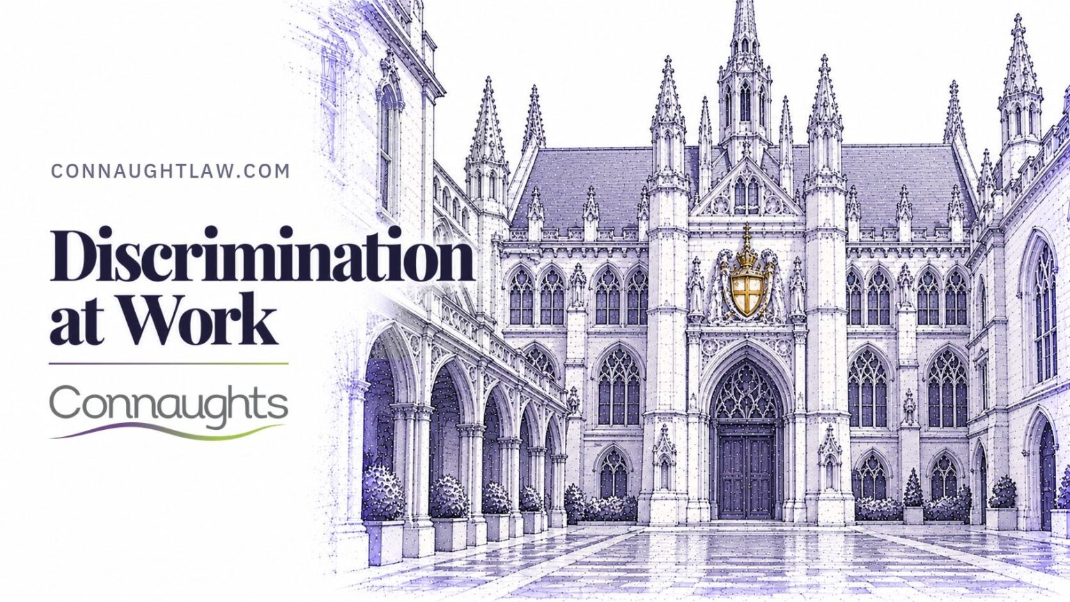 Discrimination at Work — Connaughts Pen-and-ink sketch of the old Guildhall in the City with its Gothic front and courtyard, London — Discrimination at Work, Connaughts