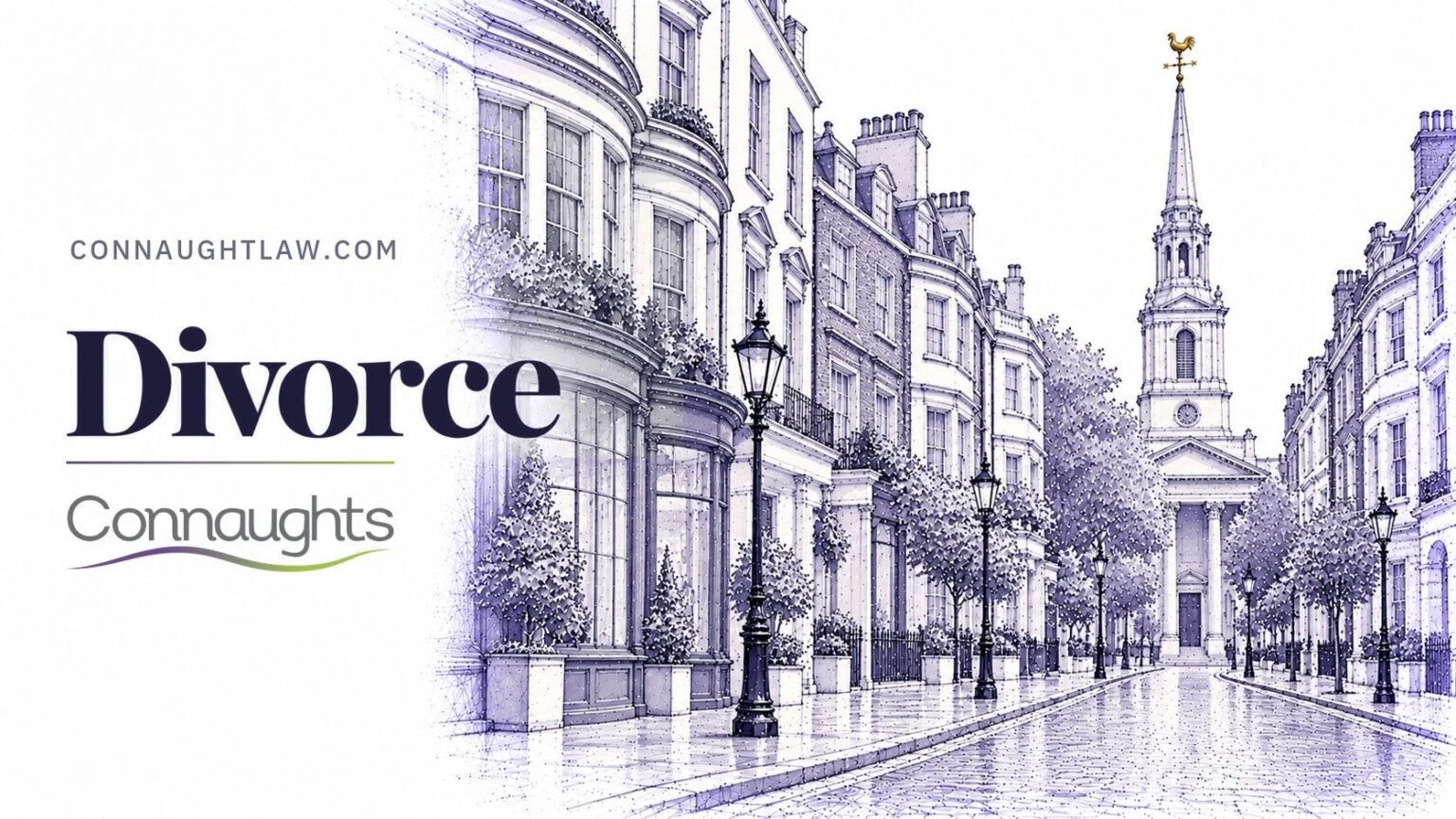 Pen-and-ink sketch of Marylebone High Street with bow-fronted shops and a church spire, London — Divorce, Connaughts