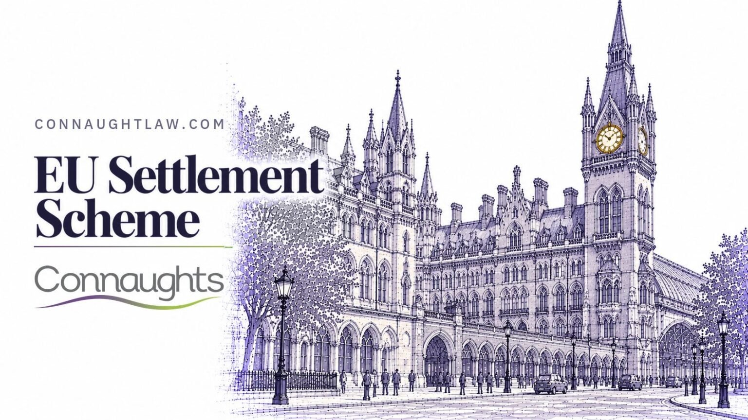 Pen-and-ink sketch of St Pancras International station's Gothic front and clock tower, London — EU Settlement Scheme, Connaughts