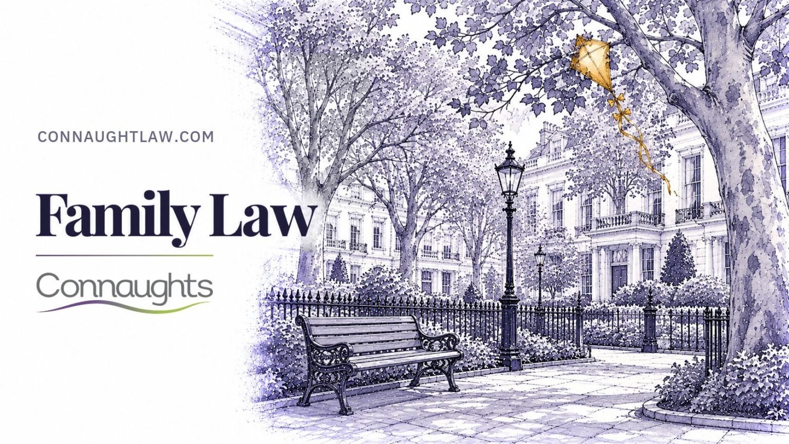 Pen-and-ink sketch of a Kensington garden square with plane trees, iron railings and a bench, townhouses behind, London — Family Law, Connaughts