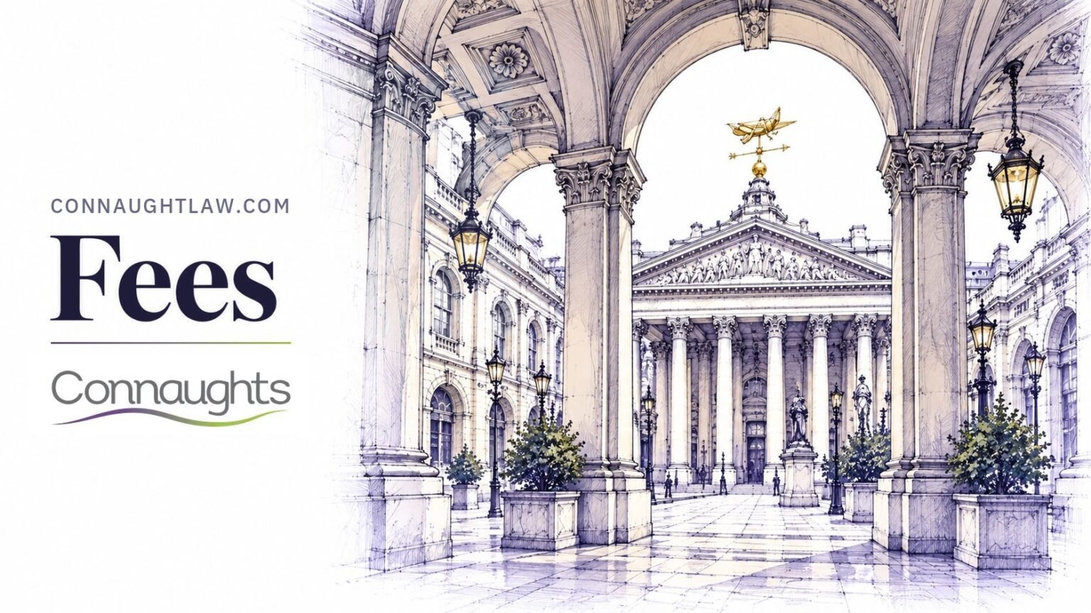 Pen-and-ink sketch of the Royal Exchange courtyard arcade, London — Fees, Connaughts