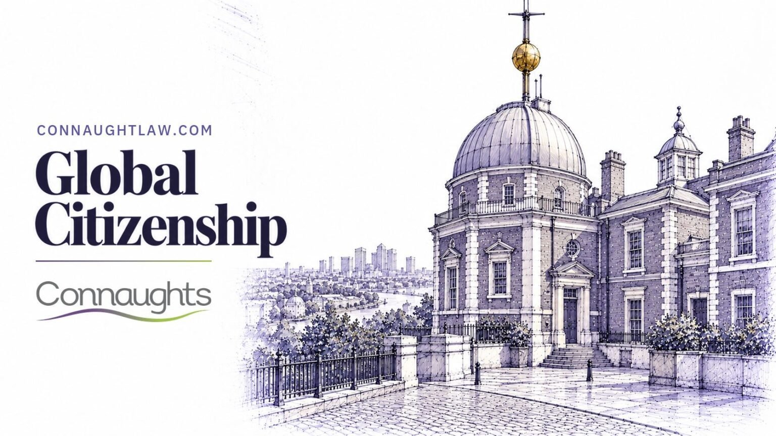 Global Citizenship — Connaughts Pen-and-ink sketch of the Royal Observatory at Greenwich on the Prime Meridian, the dome and time ball, London — Global Citizenship, Connaughts