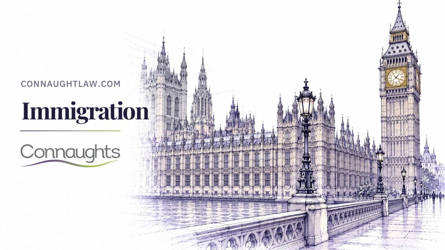 Pen-and-ink sketch of the Palace of Westminster and Elizabeth Tower from Westminster Bridge, London — Immigration, Connaughts