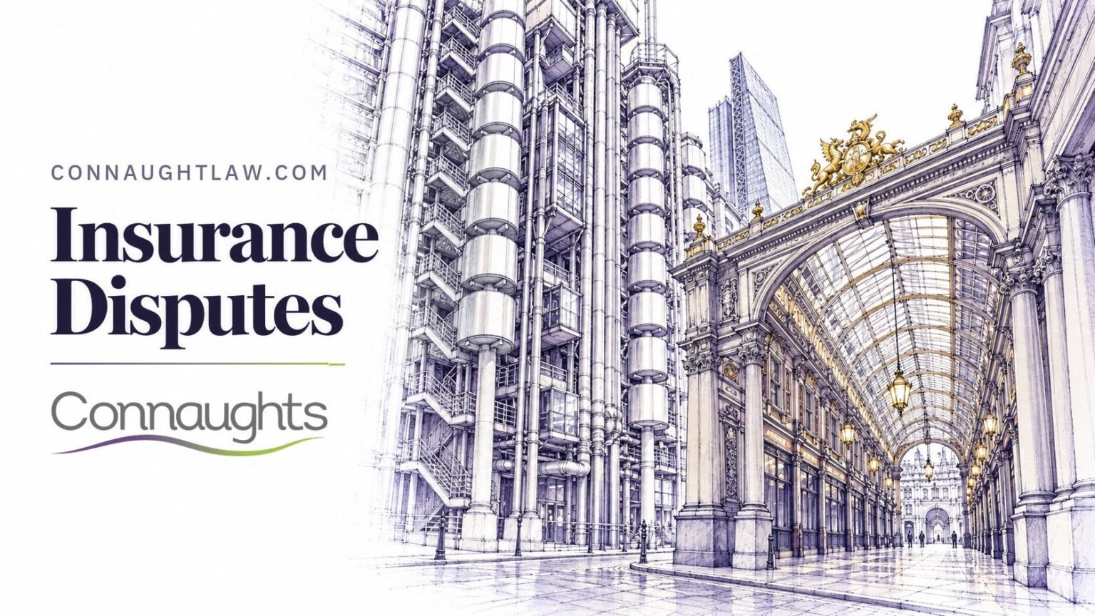 Pen-and-ink sketch of Lloyd's of London on Lime Street with its steel external staircases, beside Leadenhall Market's arcades, London — Insurance Disputes, Connaughts