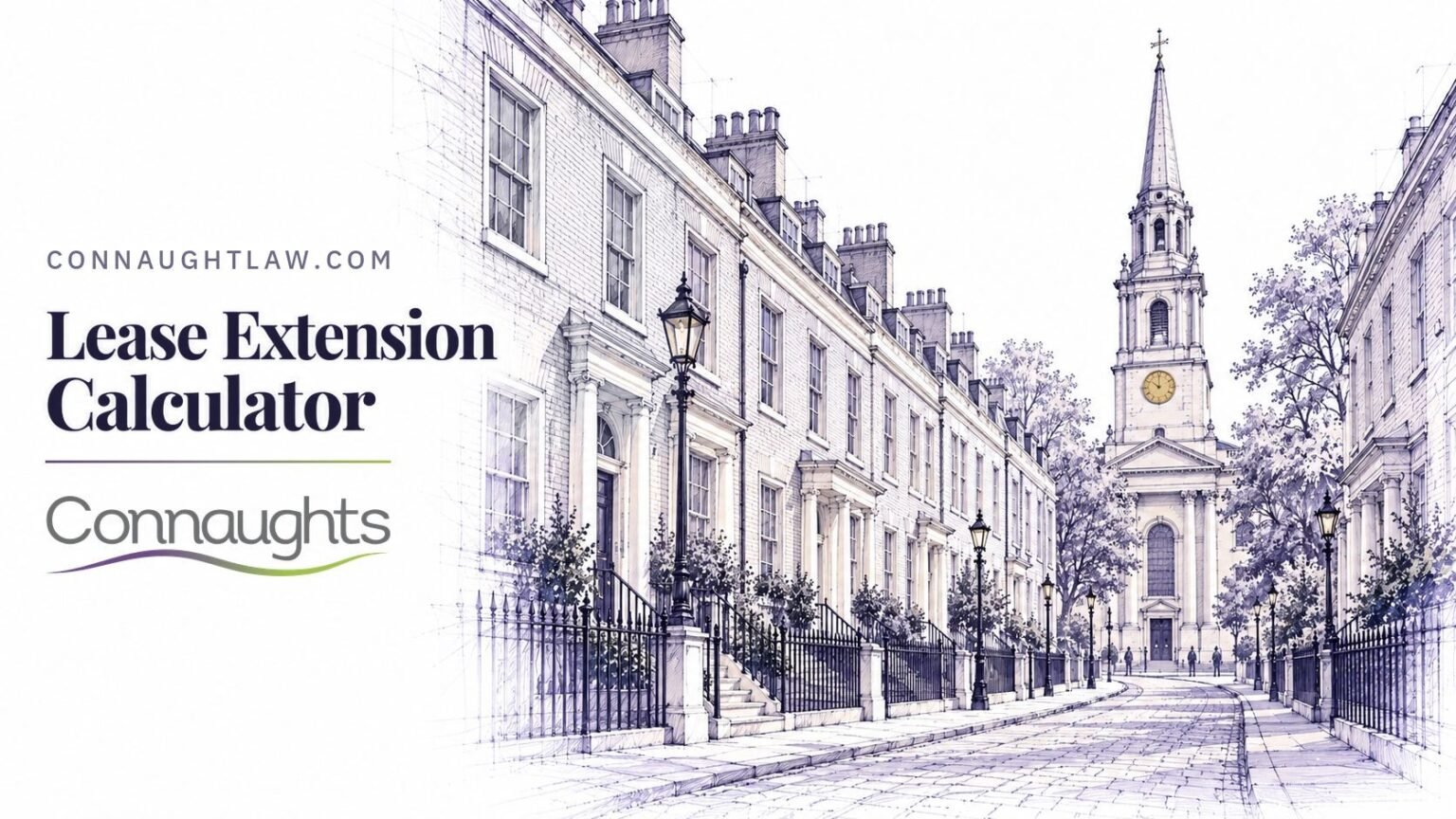 Pen-and-ink sketch of Church Row in Hampstead leading to St John's church tower, London — Lease Extension Calculator, Connaughts