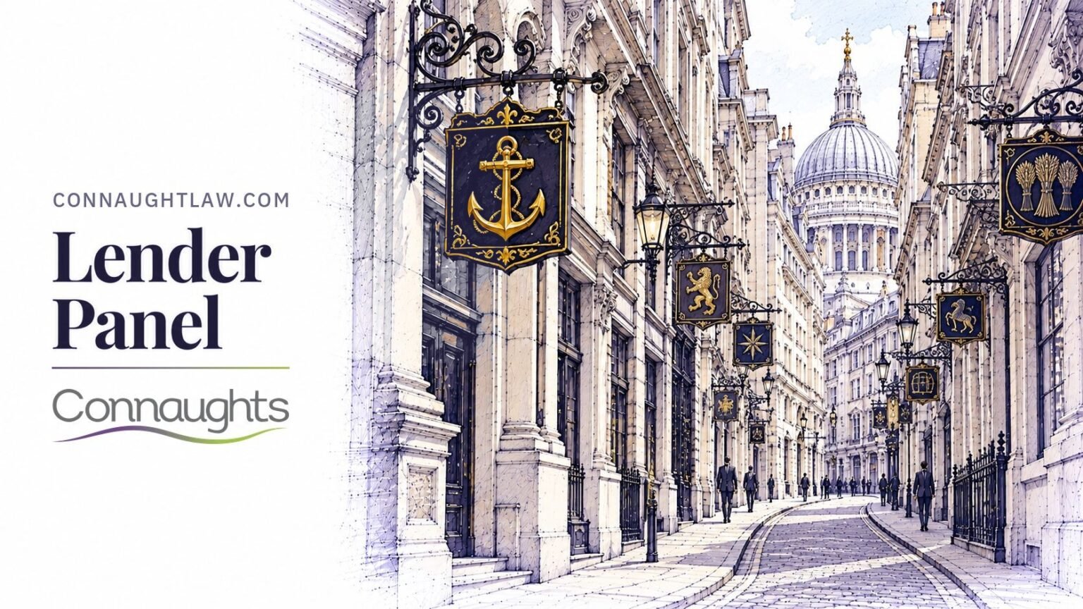 Pen-and-ink sketch of Lombard Street and its hanging bank signs, London — Lender Panel, Connaughts