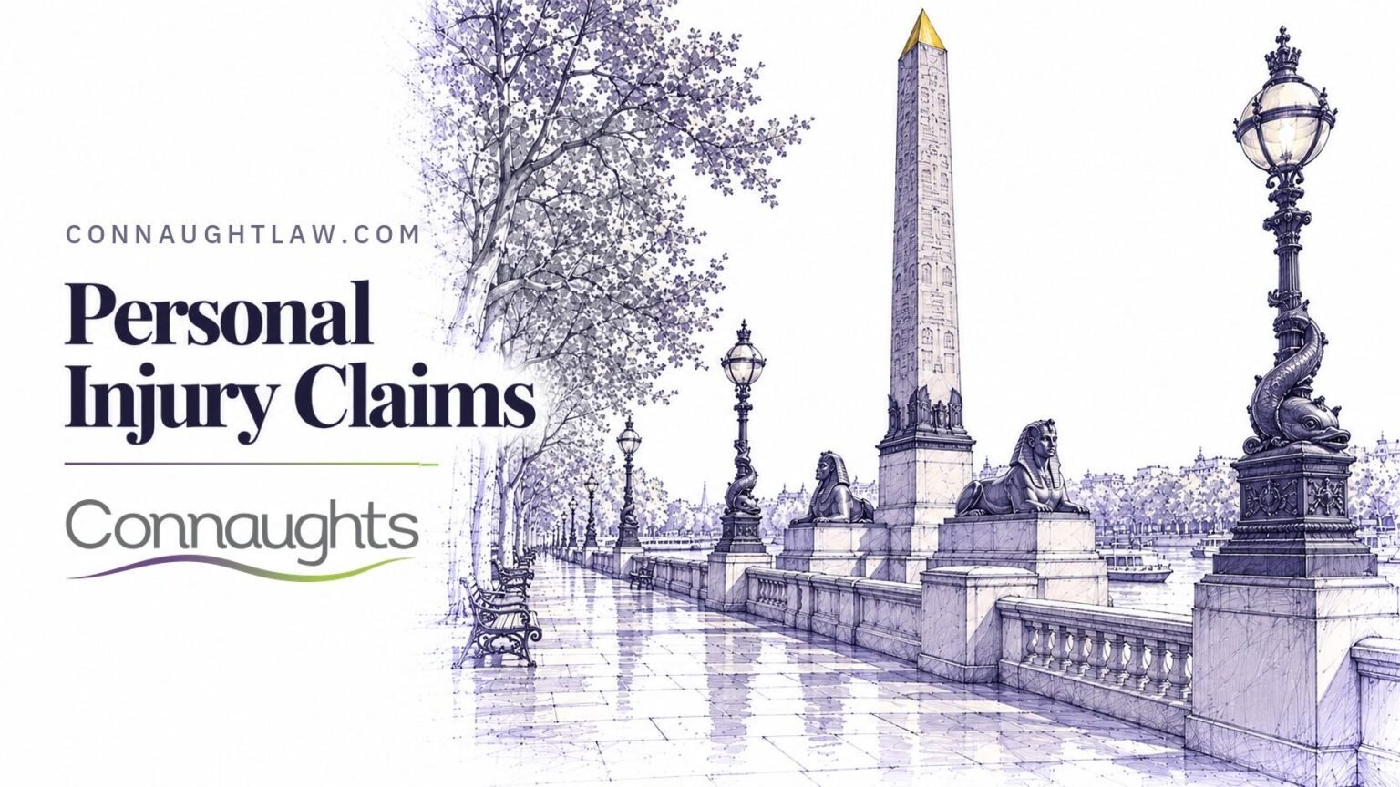 Pen-and-ink sketch of Cleopatra's Needle on the Victoria Embankment with its bronze sphinxes, London — Personal Injury Claims, Connaughts