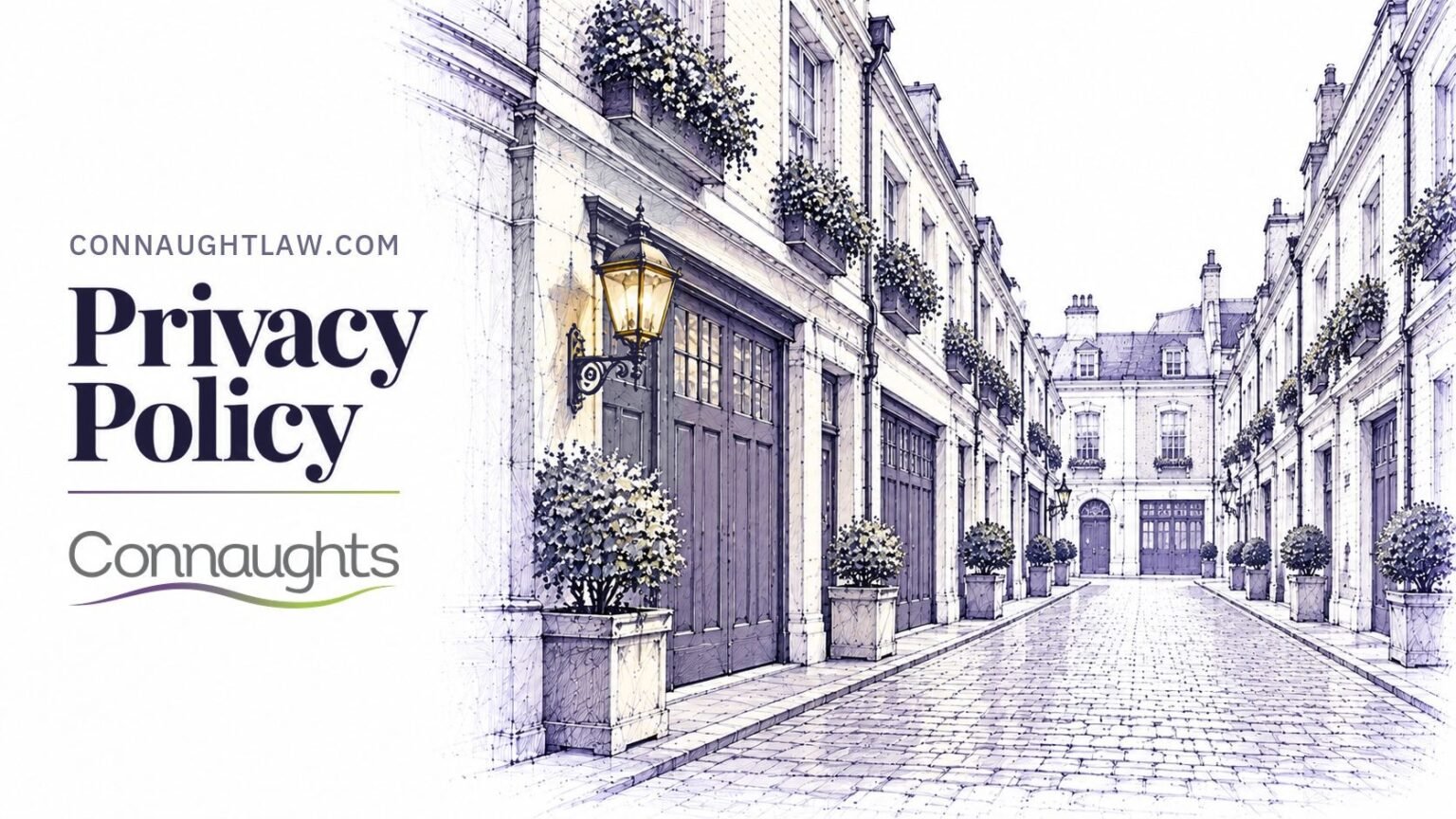 Pen-and-ink sketch of a quiet cobbled mews in Belgravia with closed carriage doors and window boxes, London — Privacy Policy, Connaughts