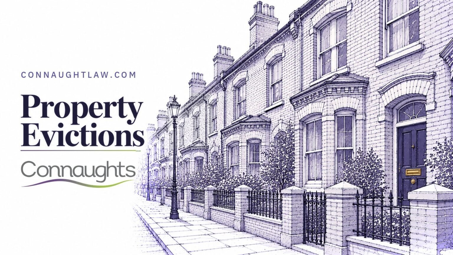 Property Evictions — Connaughts Pen-and-ink sketch of a Victorian brick terraced street in Hackney with small front gardens and bay windows, London — Property Evictions, Connaughts