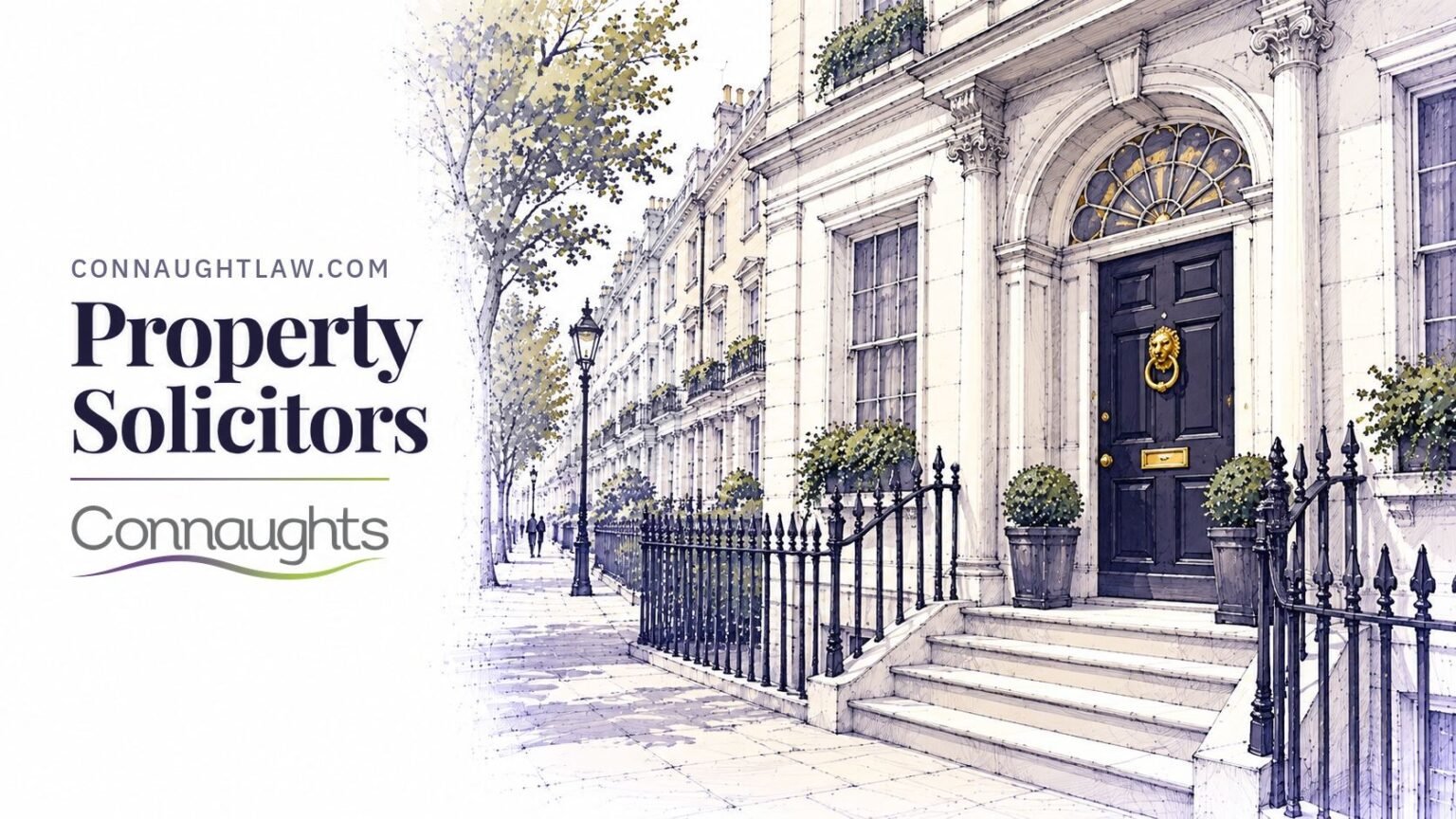 Property Solicitors — Connaughts Pen-and-ink sketch of a Georgian London townhouse front door with a fanlight, London — Property Solicitors, Connaughts