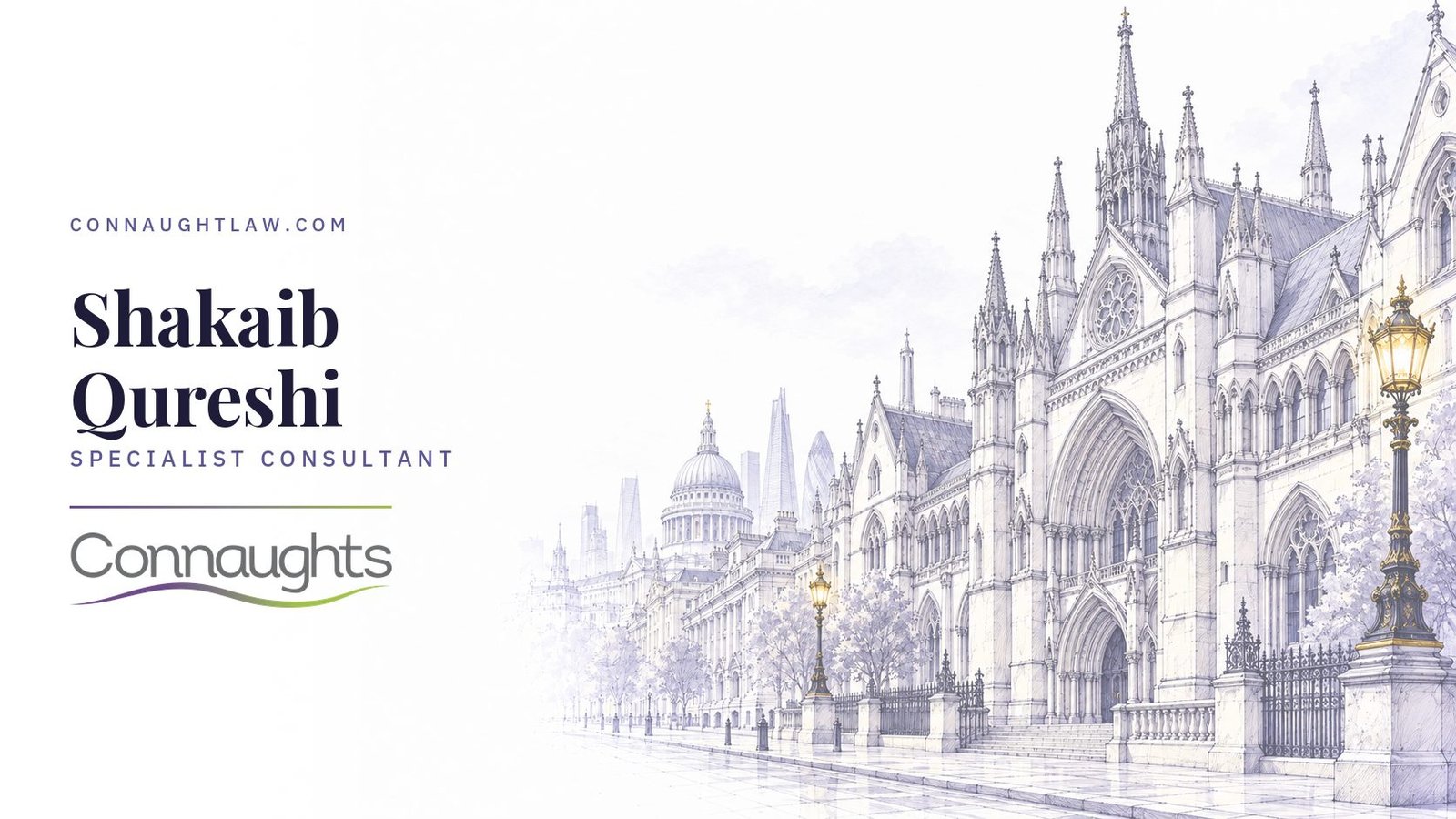 Shakaib Qureshi — Connaughts Shakaib Qureshi, Connaught Law — London solicitors, Royal Courts of Justice sketch