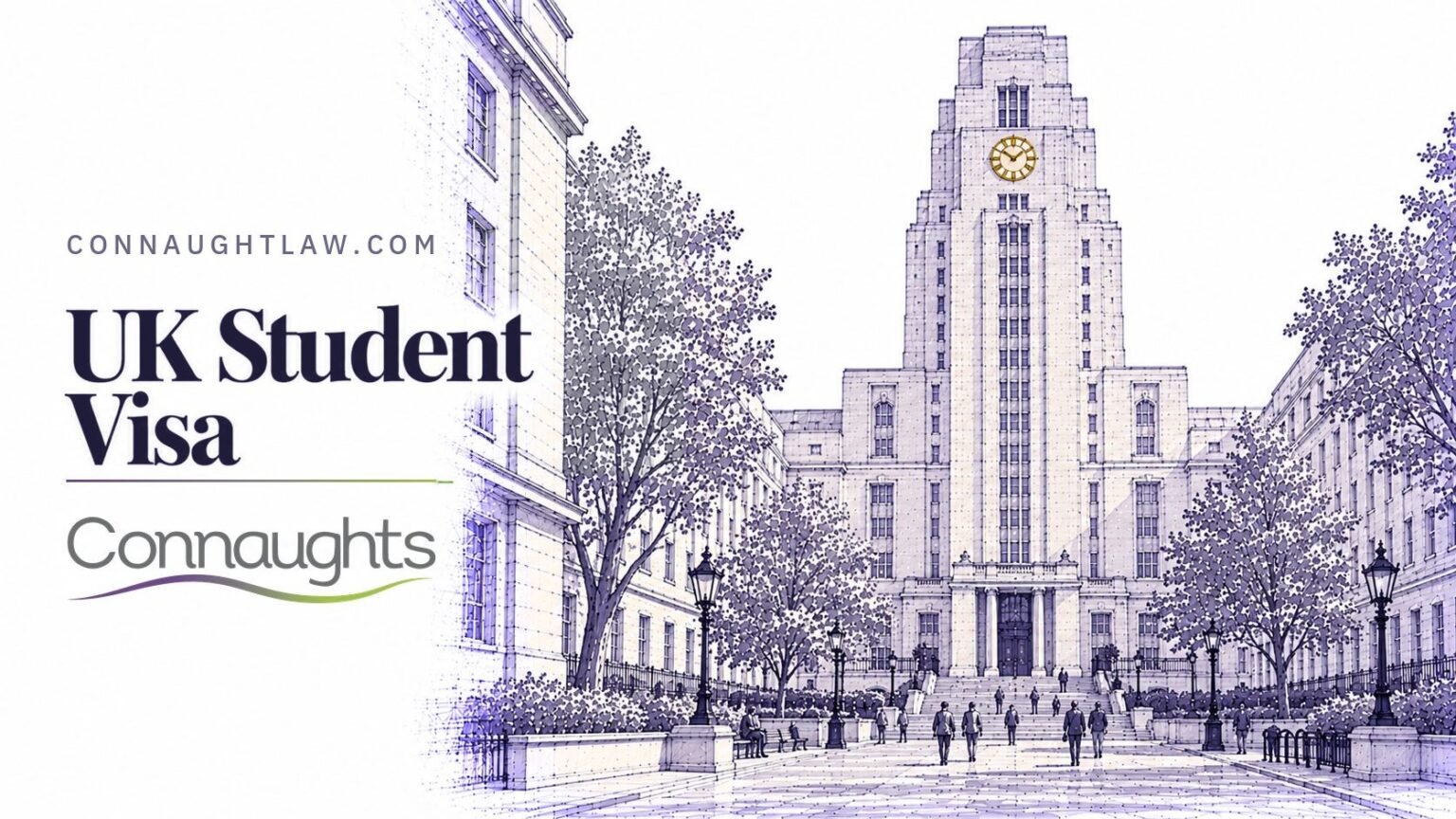 Pen-and-ink sketch of the Senate House tower of the University of London in Bloomsbury, London — UK Student Visa, Connaughts