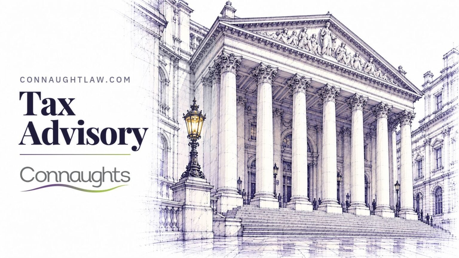 Pen-and-ink sketch of the Mansion House portico on Walbrook seen close up, six Corinthian columns and the sculpted pediment, London — Tax Advisory, Connaughts