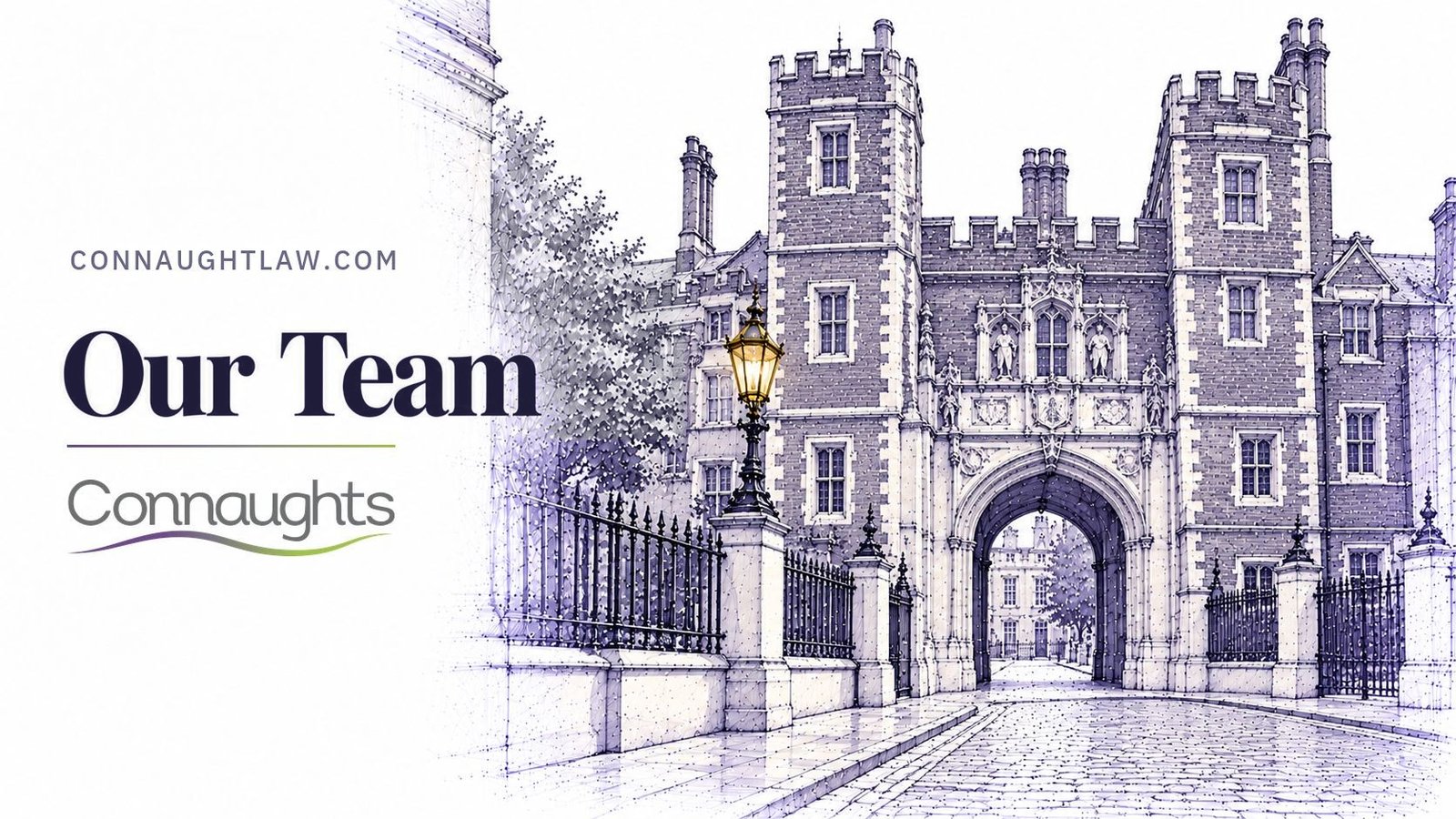 Pen-and-ink sketch of the red-brick Tudor gatehouse of Lincoln's Inn on Chancery Lane, London — Our Team, Connaughts