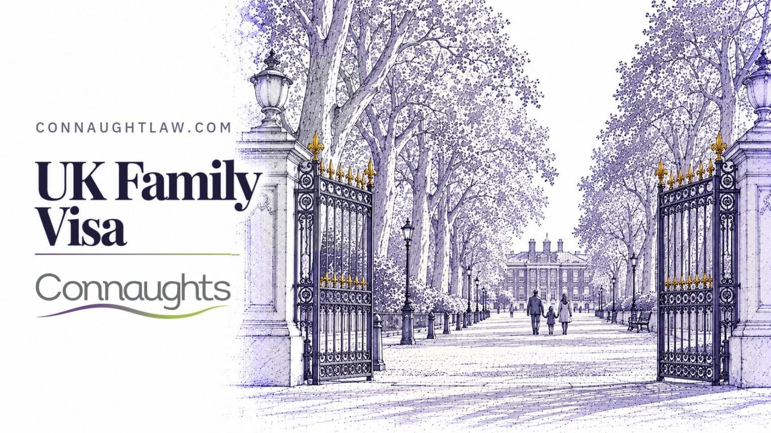 UK Family Visa — Connaughts Pen-and-ink sketch of Kensington Palace Gardens with its broad avenue and plane trees, London — UK Family Visa, Connaughts