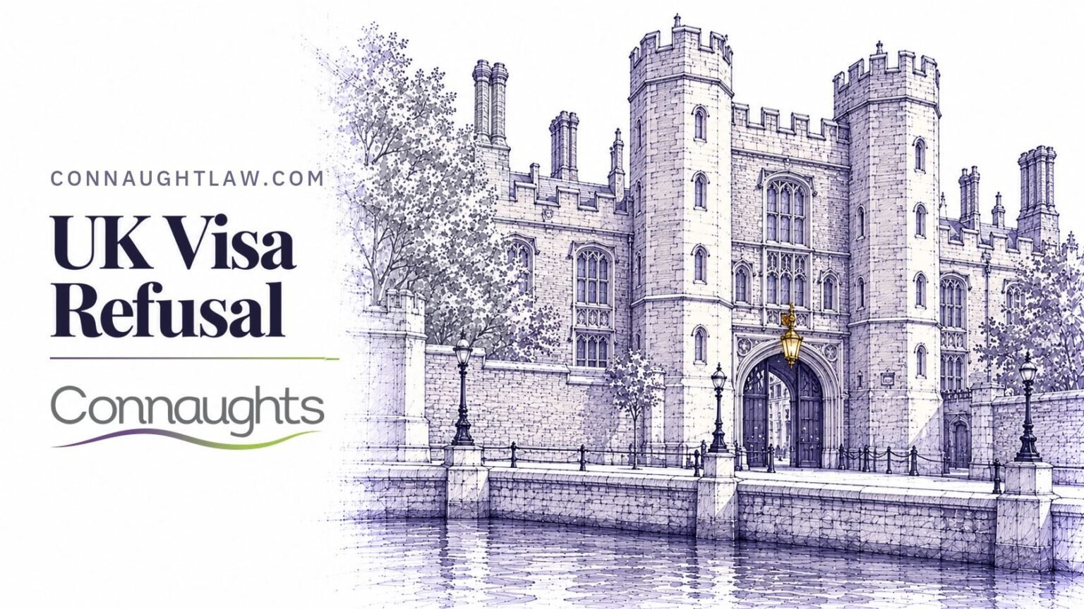 UK Visa Refusal — Connaughts Pen-and-ink sketch of Lambeth Palace's Tudor brick gatehouse, Morton's Tower, by the river, London — UK Visa Refusal, Connaughts