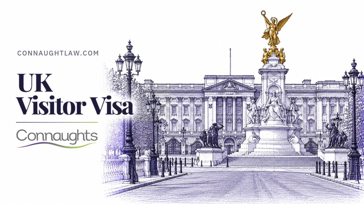 Pen-and-ink sketch of Buckingham Palace seen from the Mall, the Victoria Memorial in front, London — UK Visitor Visa, Connaughts