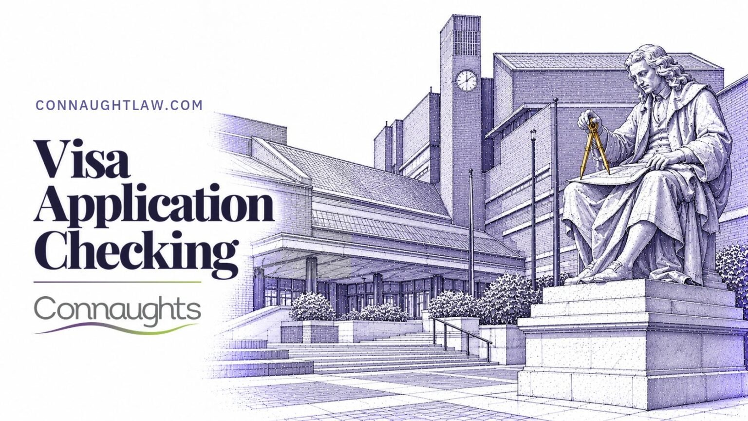 Pen-and-ink sketch of the British Library at King's Cross seen from its forecourt, red brick and the Newton statue, London — Visa Application Checking, Connaughts