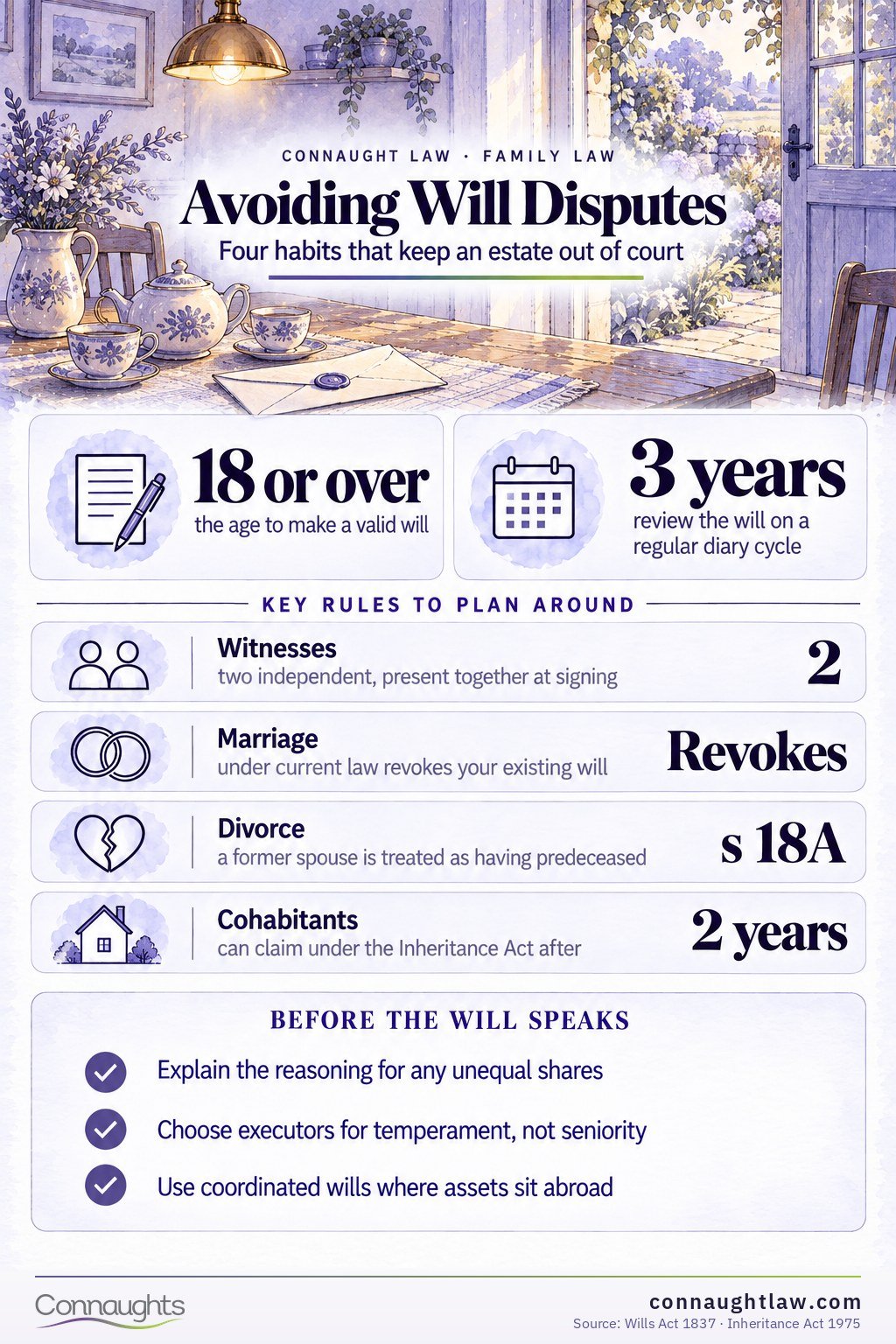 Avoiding Will Disputes Avoiding family conflict after death infographic — a clear professional will, well-chosen executors, early family conversations and regular reviews