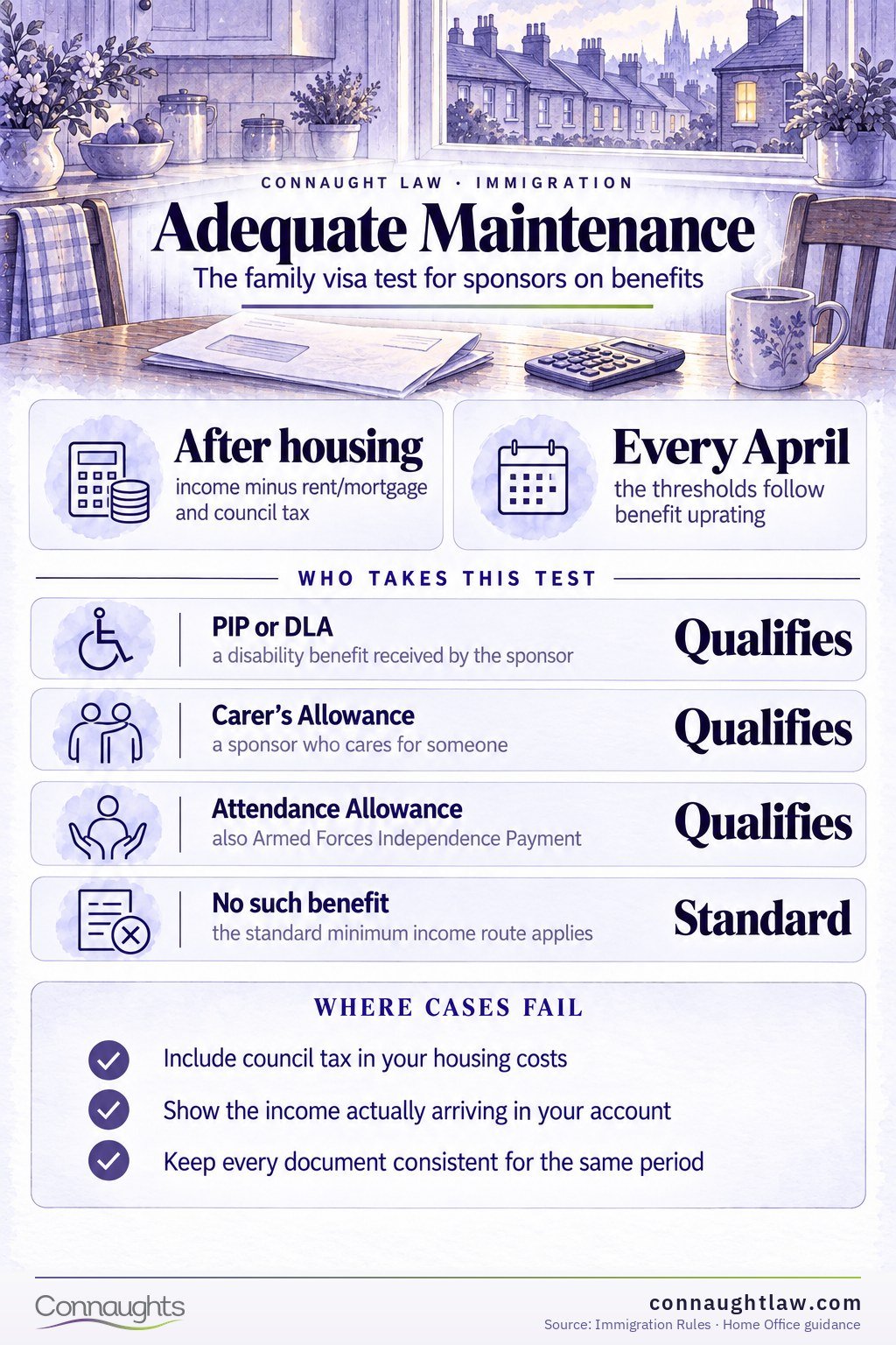 Adequate Maintenance infographic — the family visa test for sponsors on qualifying benefits: income after housing, who qualifies and where cases fail