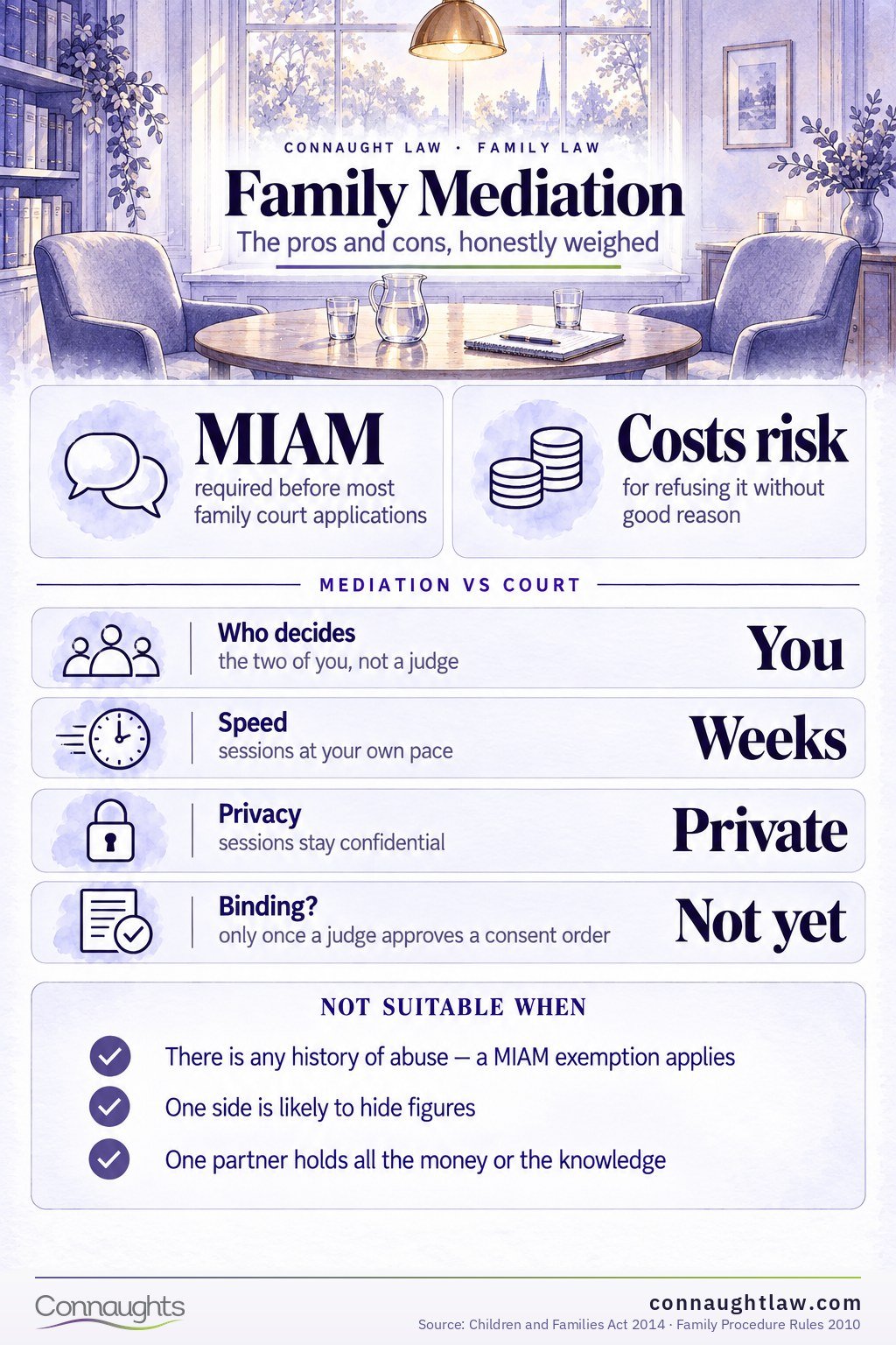 Family Mediation Family mediation advantages and disadvantages infographic — cheaper, faster and private versus not binding, honest disclosure needed and unsafe where there is abuse
