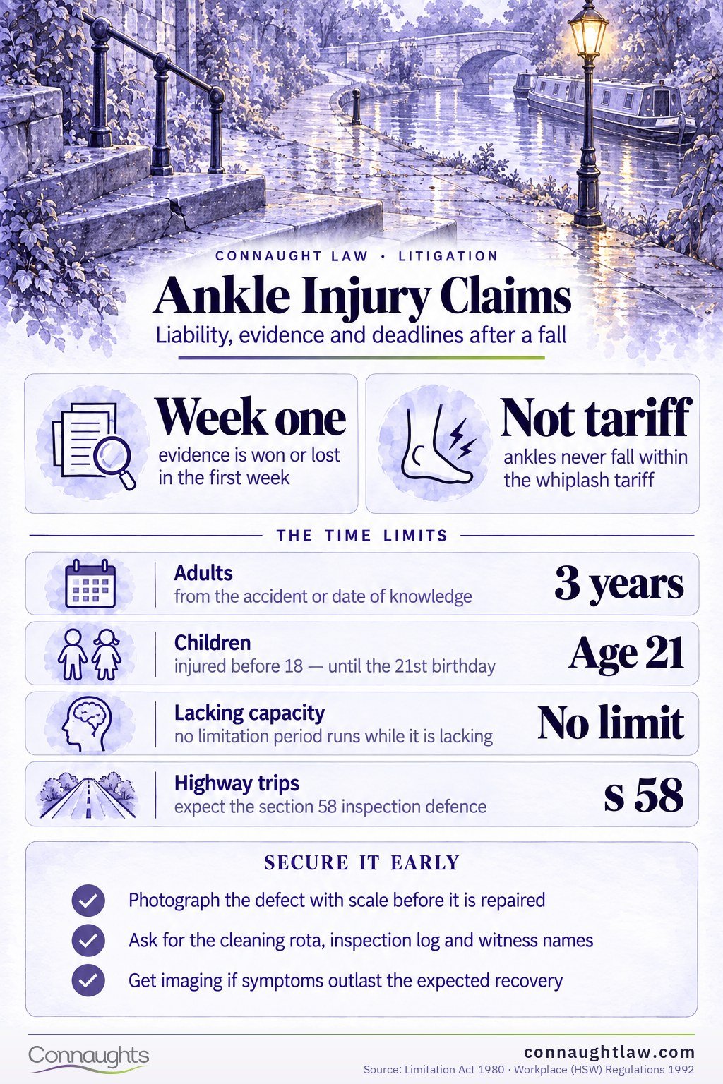 Ankle injury compensation UK infographic — Judicial College brackets from modest sprains to very severe fractures (18th edition, April 2026)