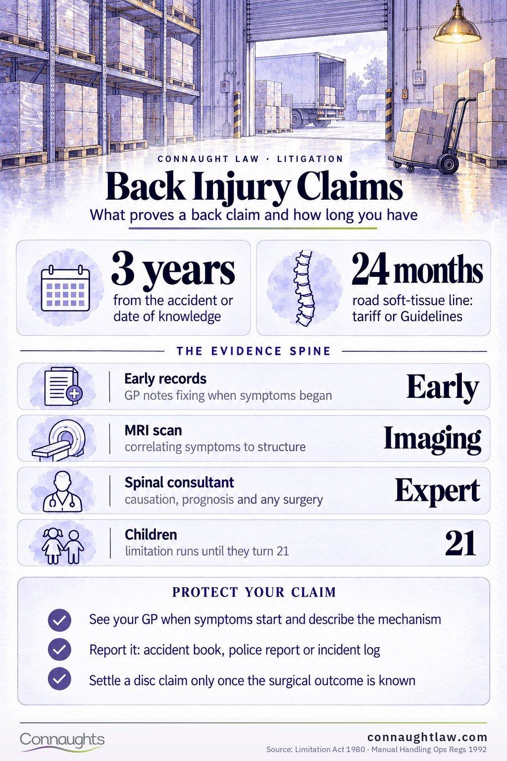 Back injury compensation UK infographic — Judicial College brackets from minor strains to severe spinal damage, and where claims arise (Judicial College Guidelines, 18th edition)