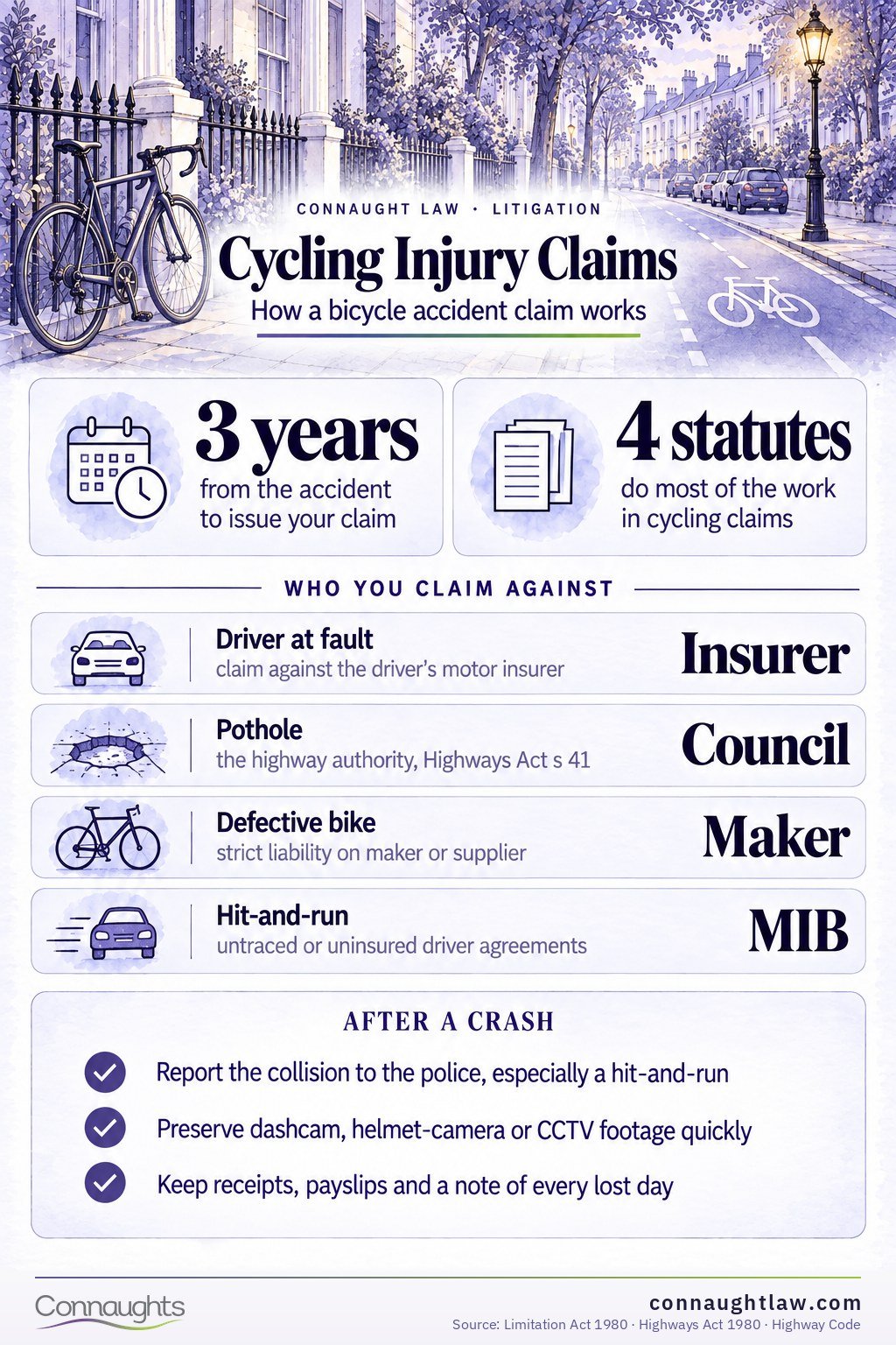 Cycling Injury Claims Bicycle accident compensation UK infographic — five legal shields for injured cyclists including the Highway Code hierarchy and MIB