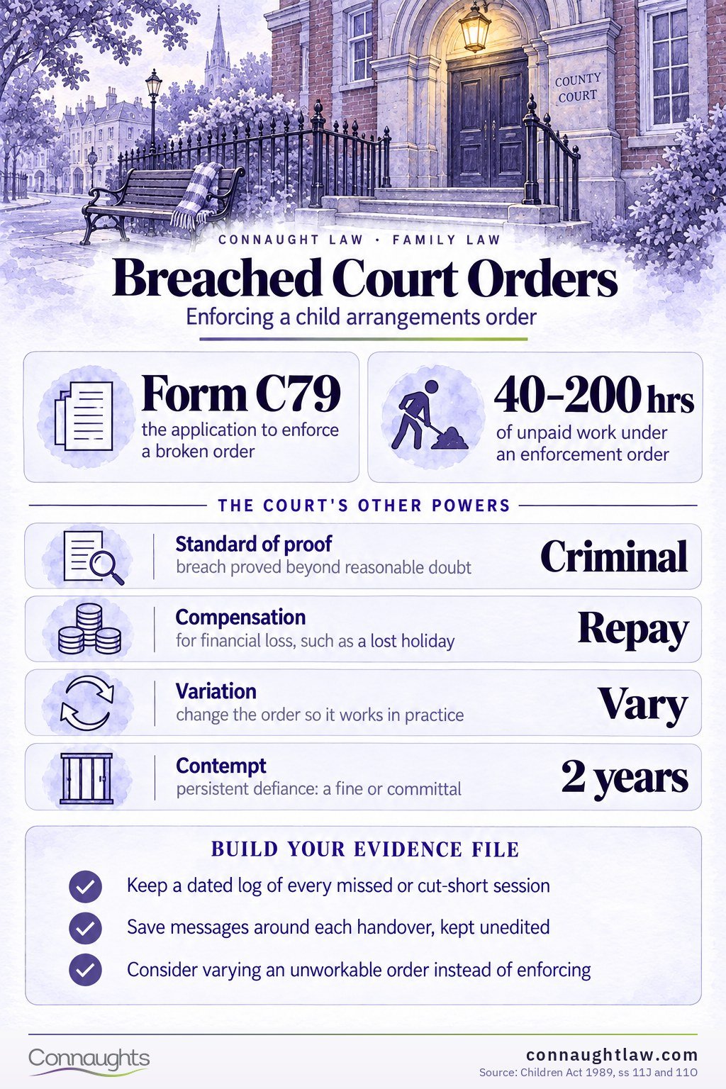 Breaching court orders UK infographic — how the family court enforces child arrangements orders from warning notice to enforcement order