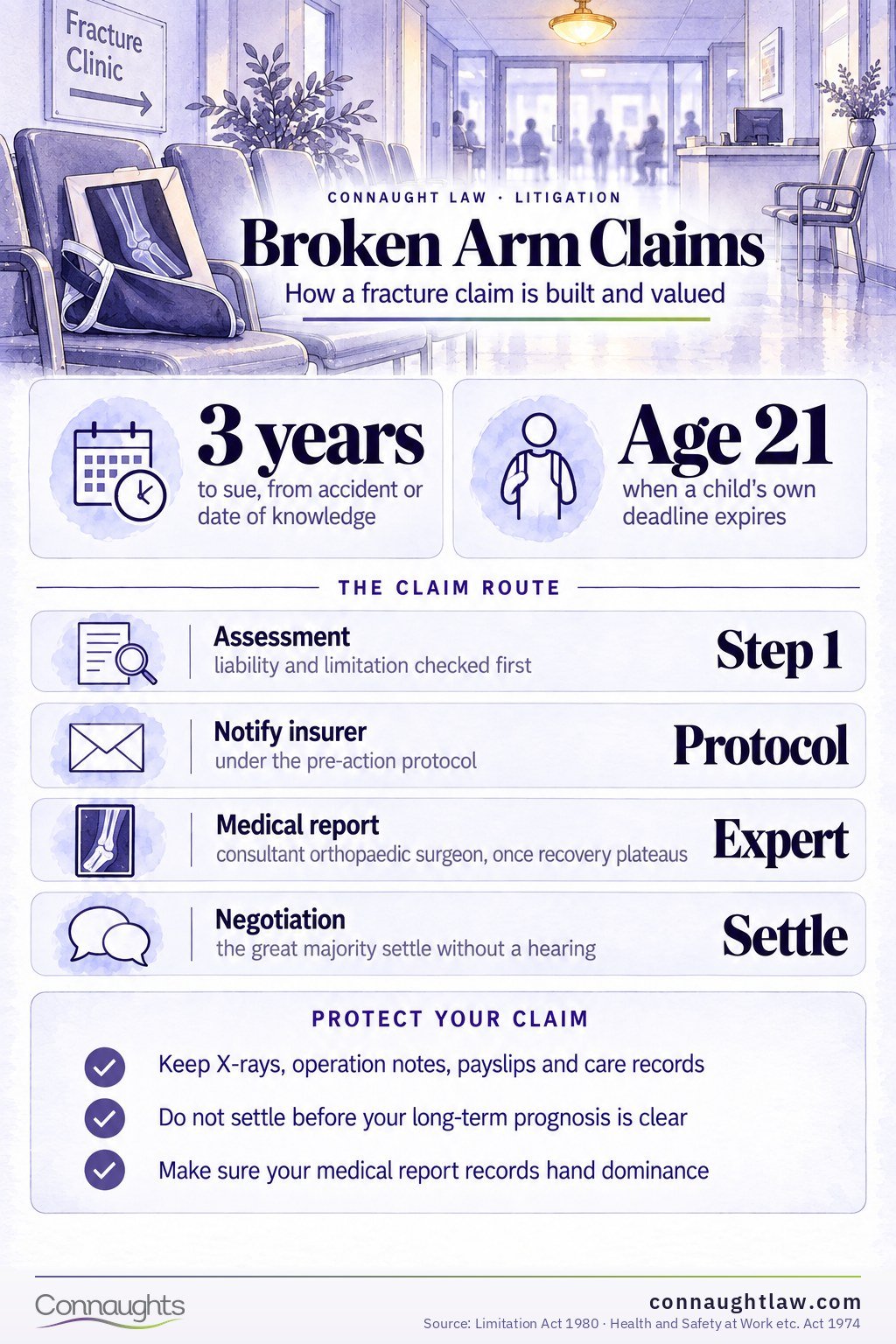 Broken arm compensation UK infographic — Judicial College brackets from simple fractures to the most severe arm injuries (Judicial College Guidelines, 18th edition)