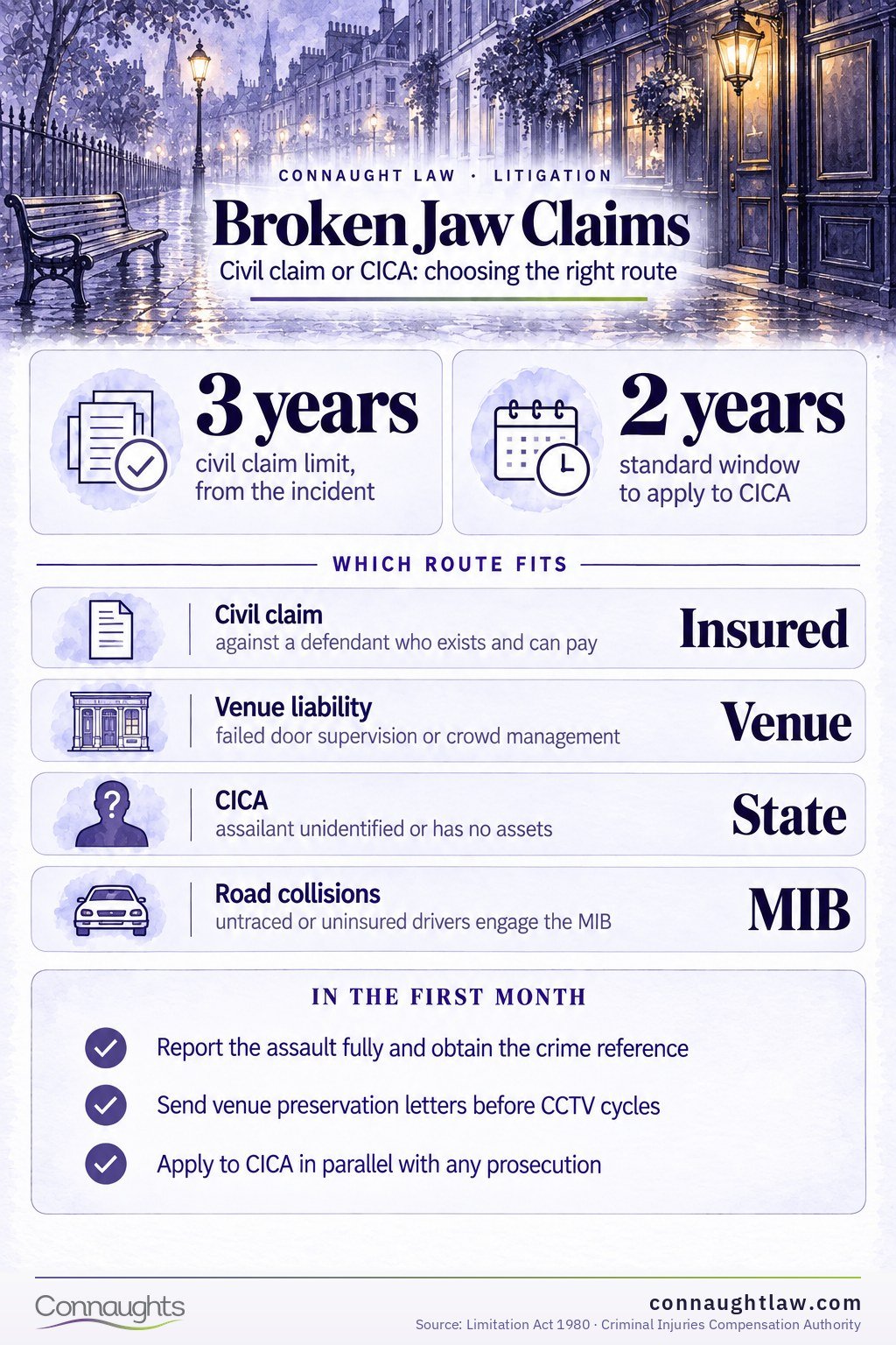 Broken jaw compensation UK infographic — Judicial College brackets for jaw fractures and the CICA route for assault cases (Judicial College Guidelines, 18th edition)