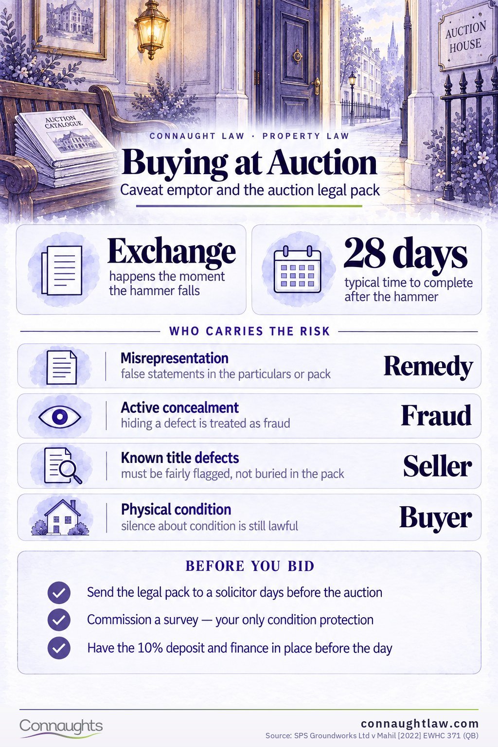 Buying at Auction Buying at auction UK infographic — caveat emptor, the legal pack and the checks to make before bidding